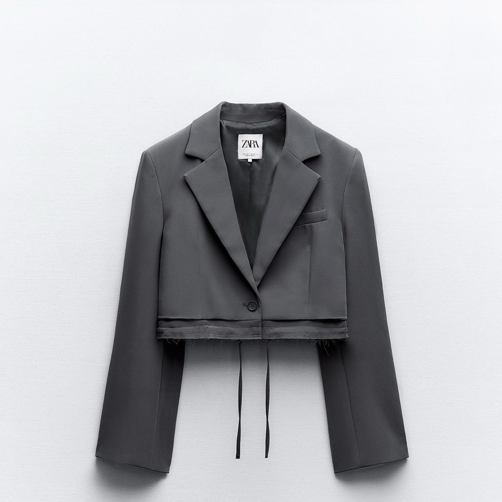Zara Cropped Raw Hem Adjustable Grey Blazer Size XS